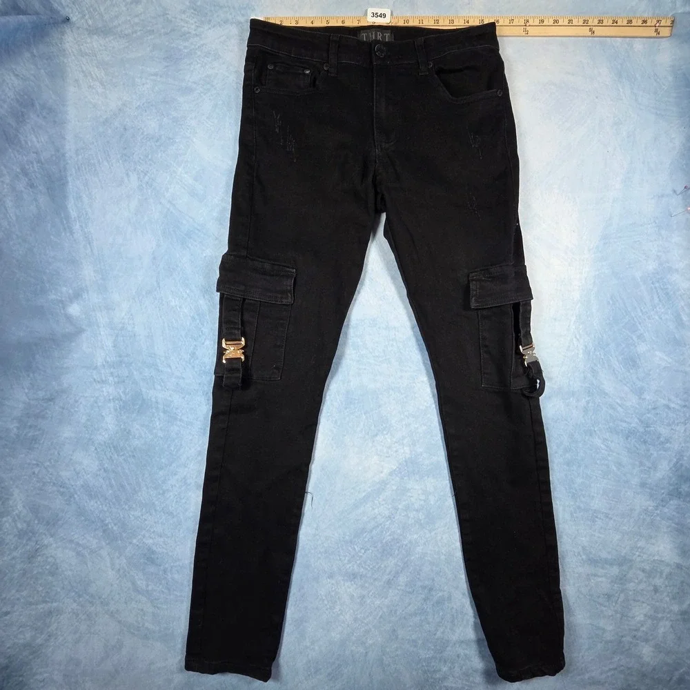 THRT Denim Mens Black Cargo Jeans Slim Fit Distressed Buckle Pockets Size 32